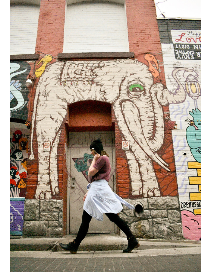 Strolling past Ray the Elephant: A street art wall mural enclosing a door frame.