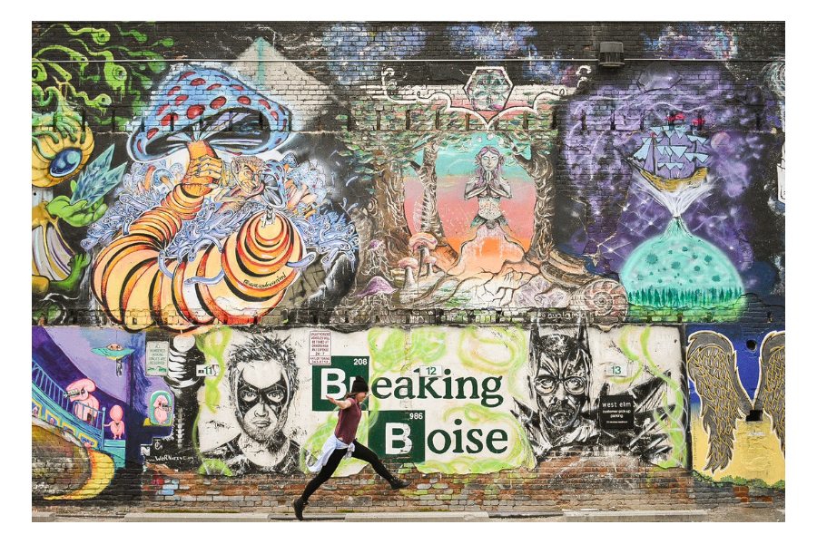 Leaping next to the famous "Breaking Boise" wall mural