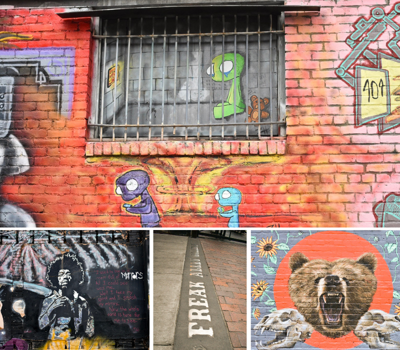 More of Boise's Street Art in Freak Alley: An adorably sad prisoner, Jimi Hendrix made of mirrors, Freak Alley entrance, A growling bear