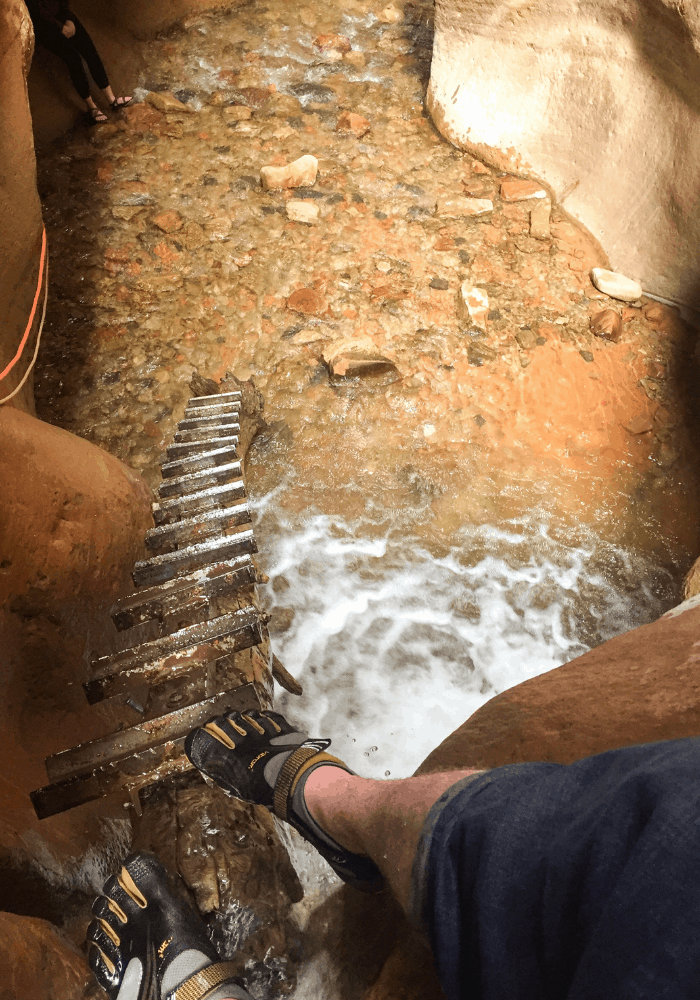 Looking down the ladder up the first waterfall at Kanarra Falls