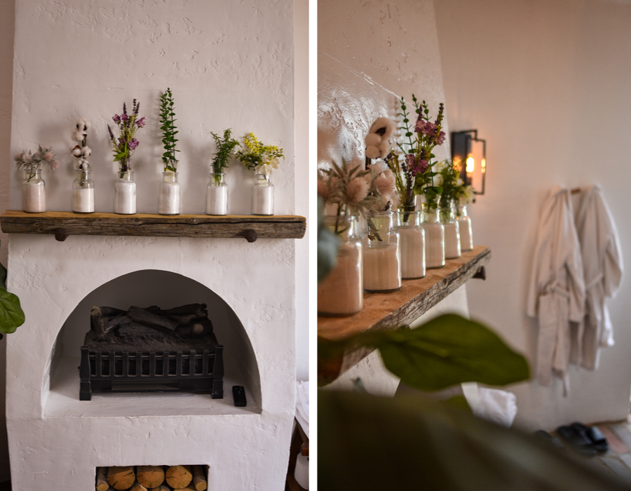 The selection of bath salts above the faux fireplace in the silo-turned-spa - just a short walk from the Big Potato Hotel