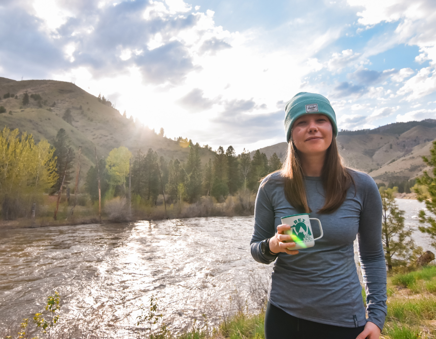 Enjoying a sleepy cup of coffee next to the river in my Rendezvous Ridge top